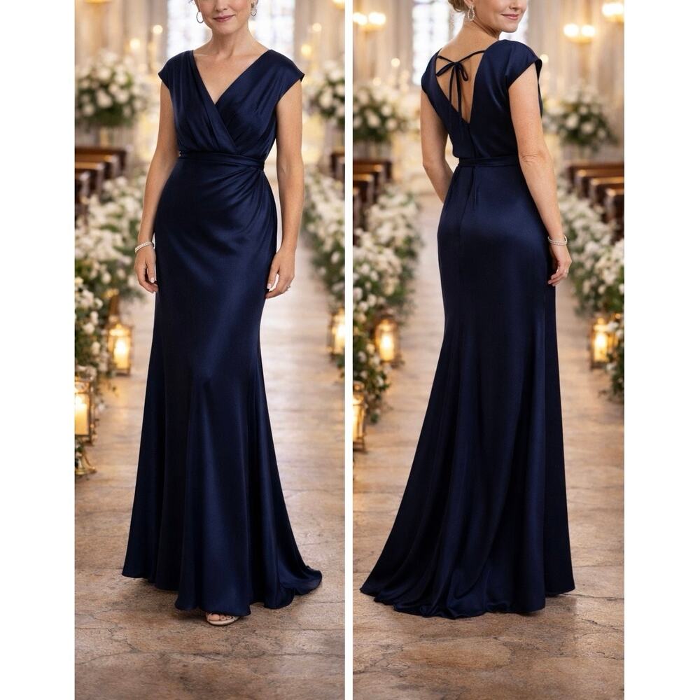 Dessy Collection 3050 Midnight Navy Faux Wrap Blouson Gown Sz 8-R Formal Satin